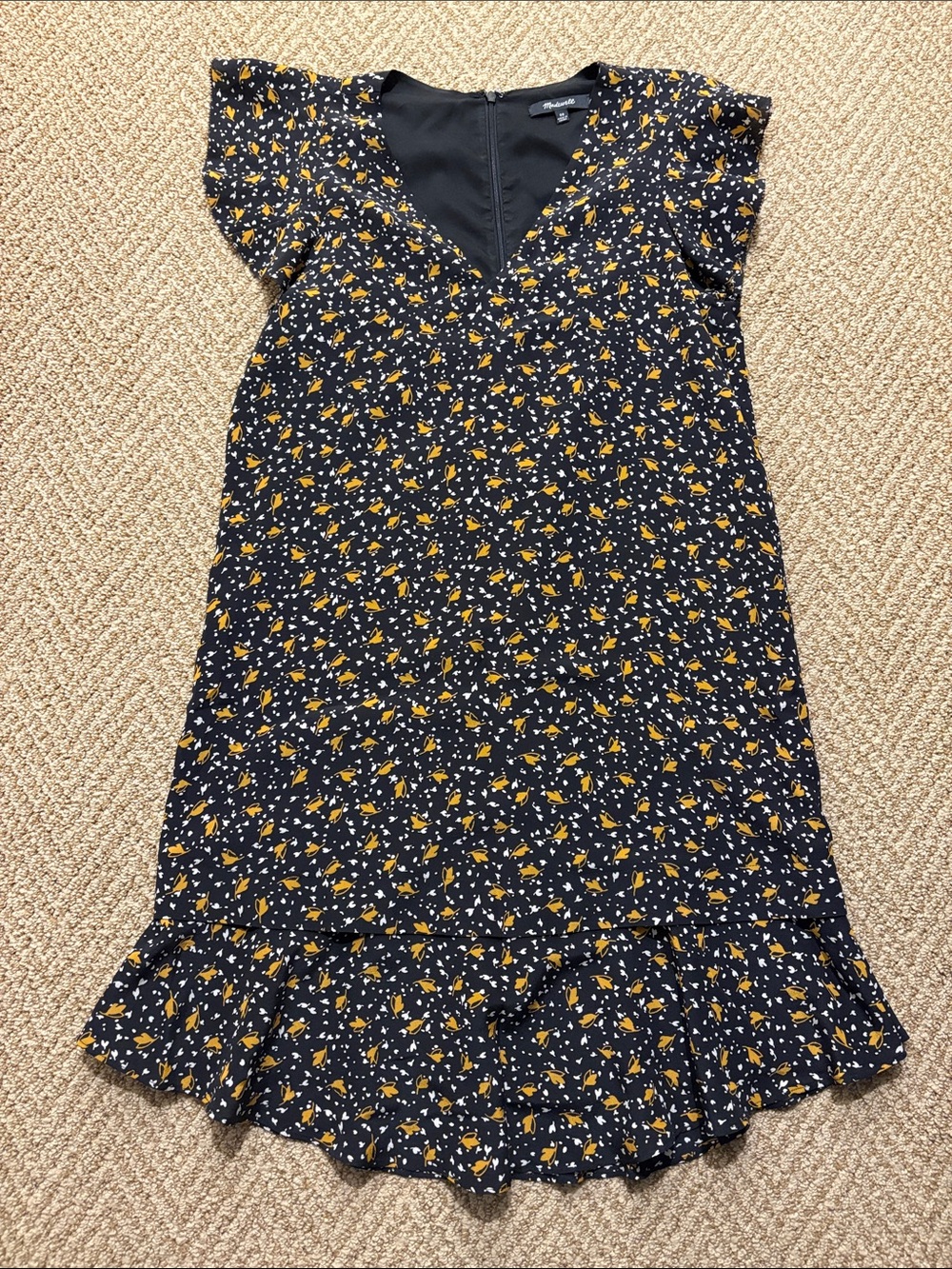 Madewell Black & Mustard Floral V-Neck Ruffle Dress